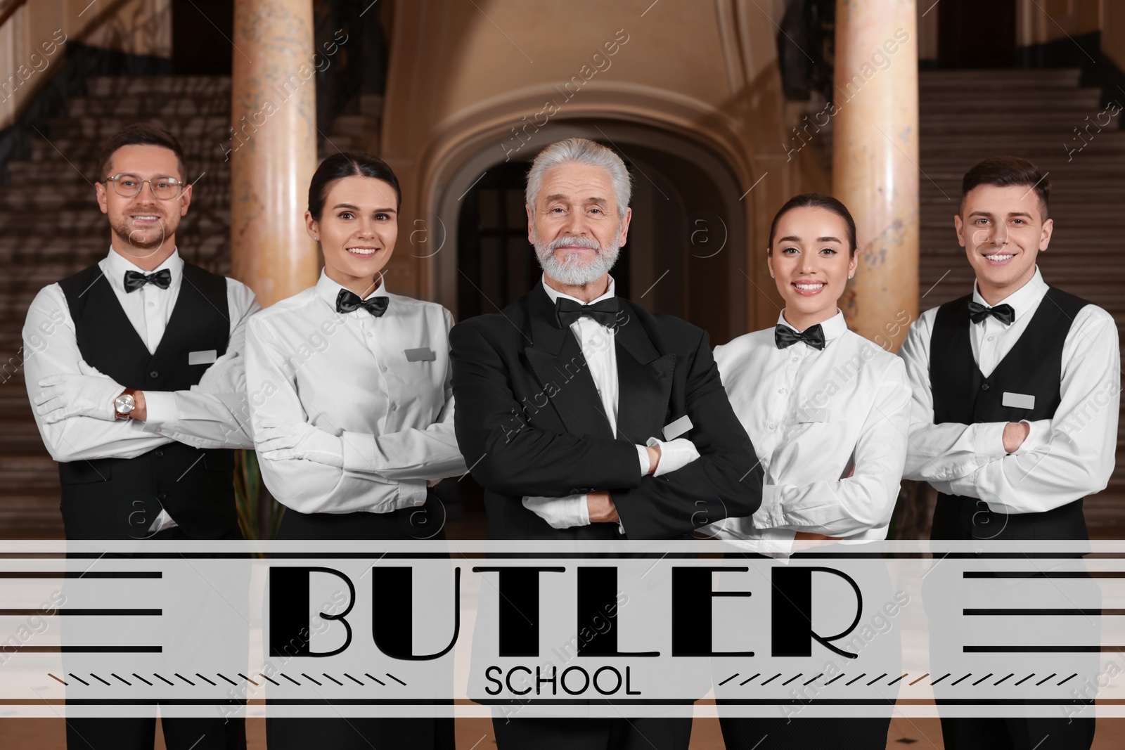 Image of Group of young trainees with teacher in hotel and text Butler School