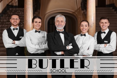 Group of young trainees with teacher in hotel and text Butler School