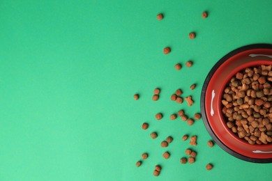 Photo of Dry pet food in feeding bowl on green background, flat lay. Space for text