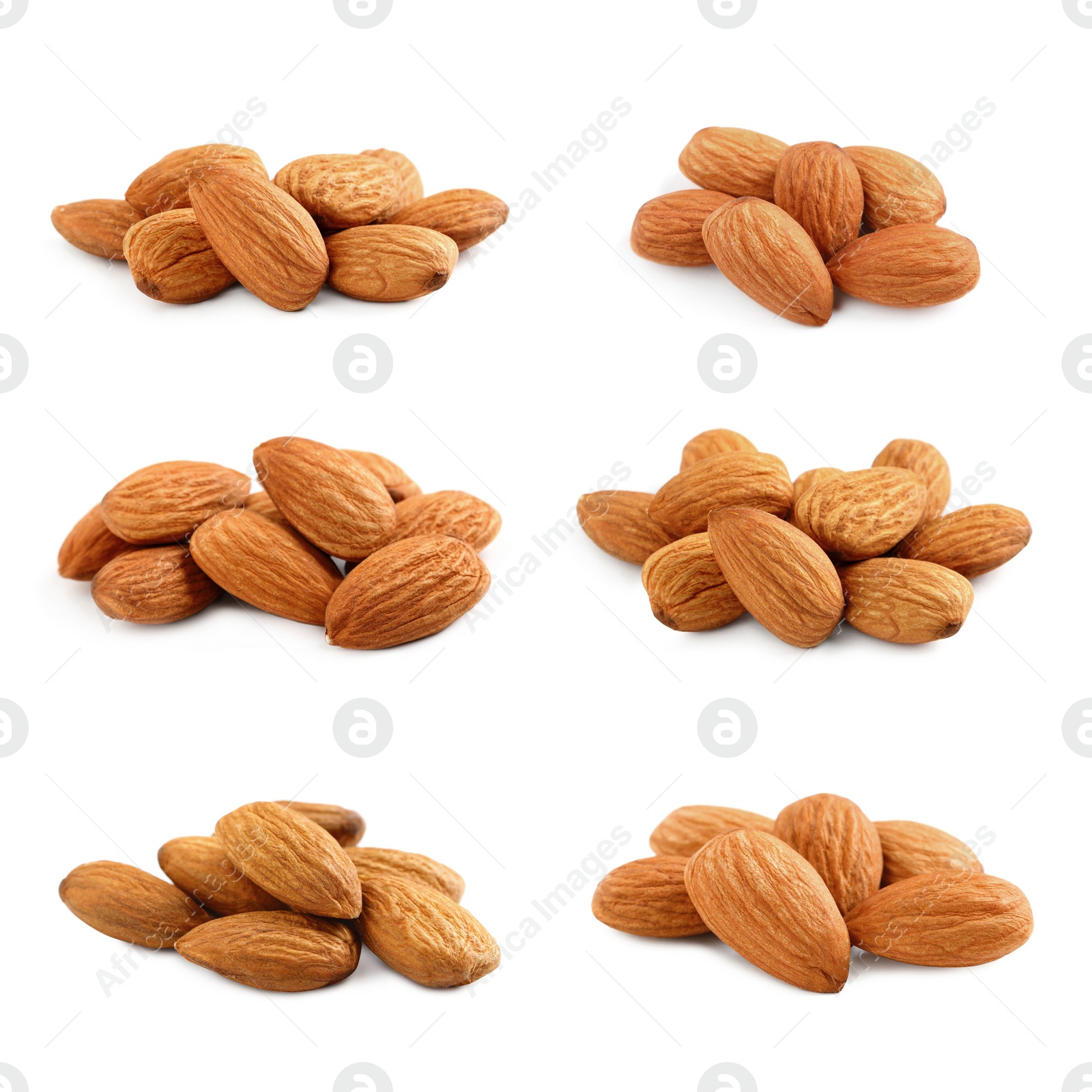 Image of Set with tasty almond nuts on white background