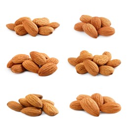 Image of Set with tasty almond nuts on white background