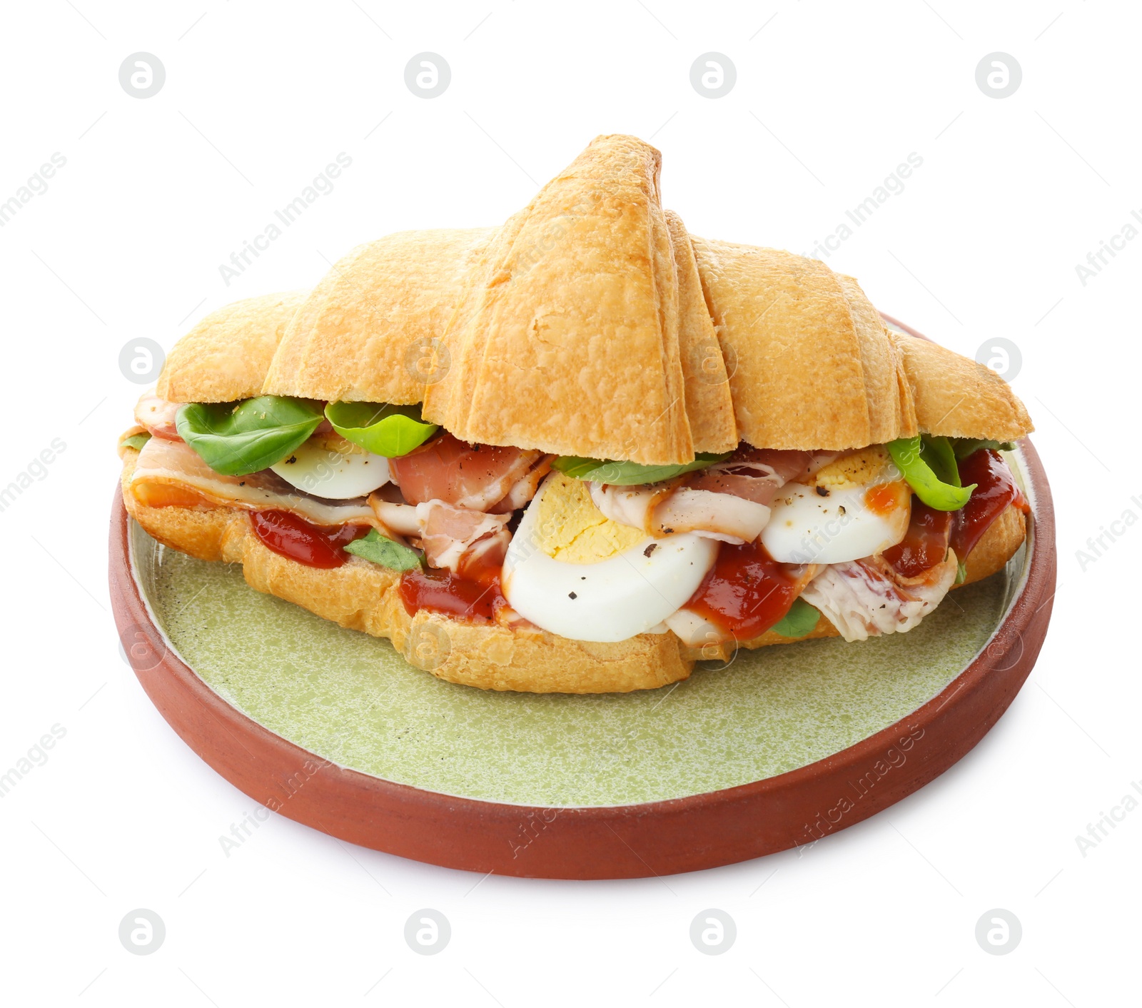 Photo of Tasty croissant sandwich with bacon on white background