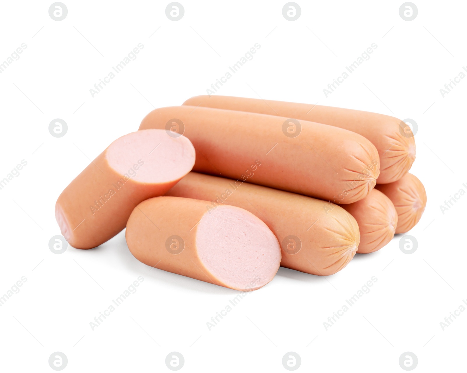 Photo of Whole and cut delicious boiled sausages on white background