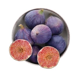 Whole and cut fresh purple figs in bowl isolated on white, top view