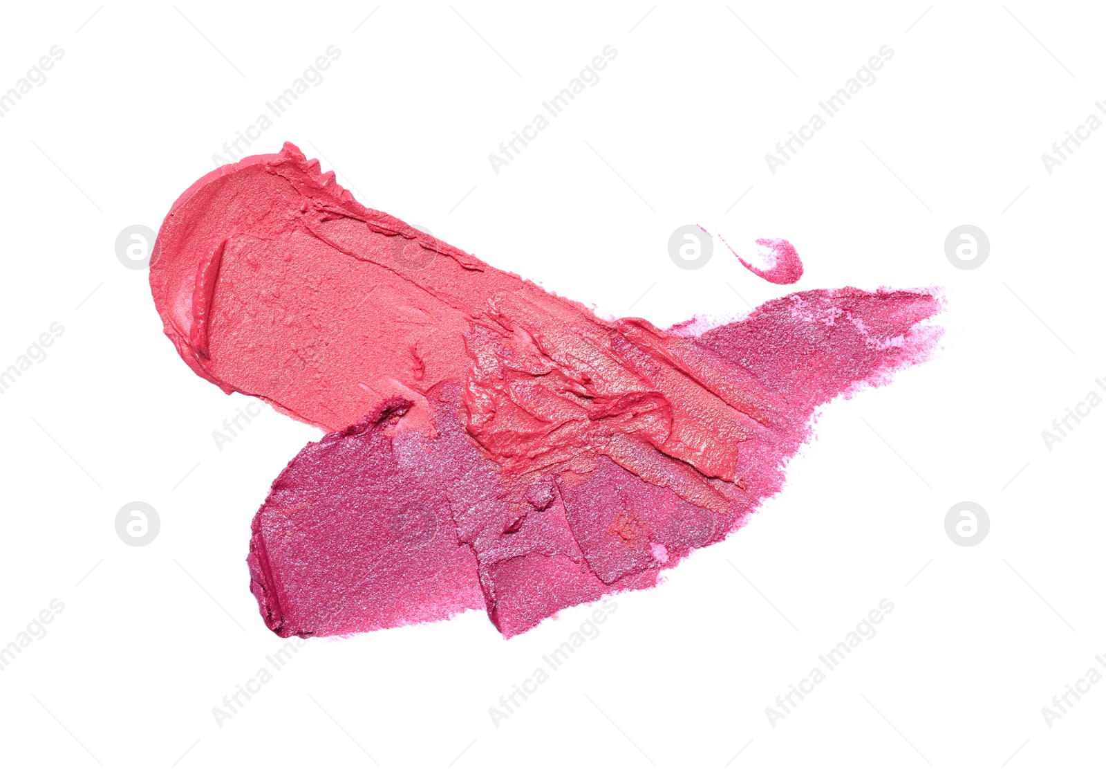 Photo of Smears of bright lipsticks on white background, top view