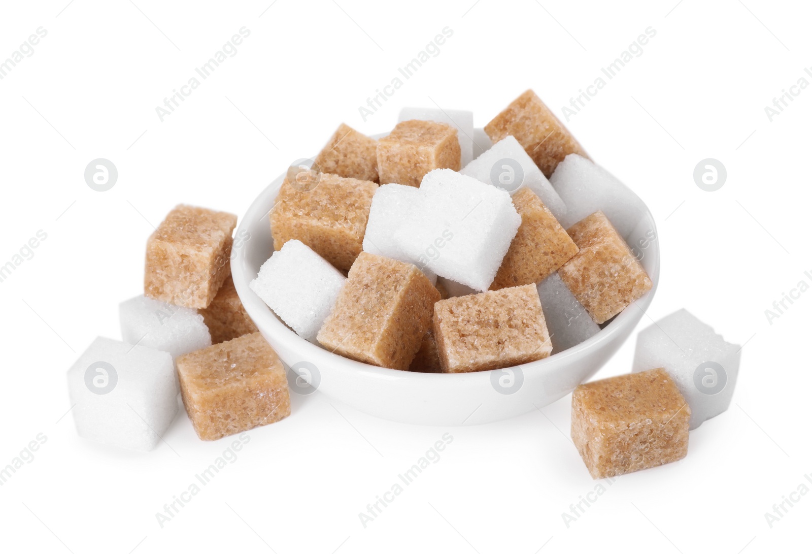 Photo of Different types of sugar in bowl isolated on white