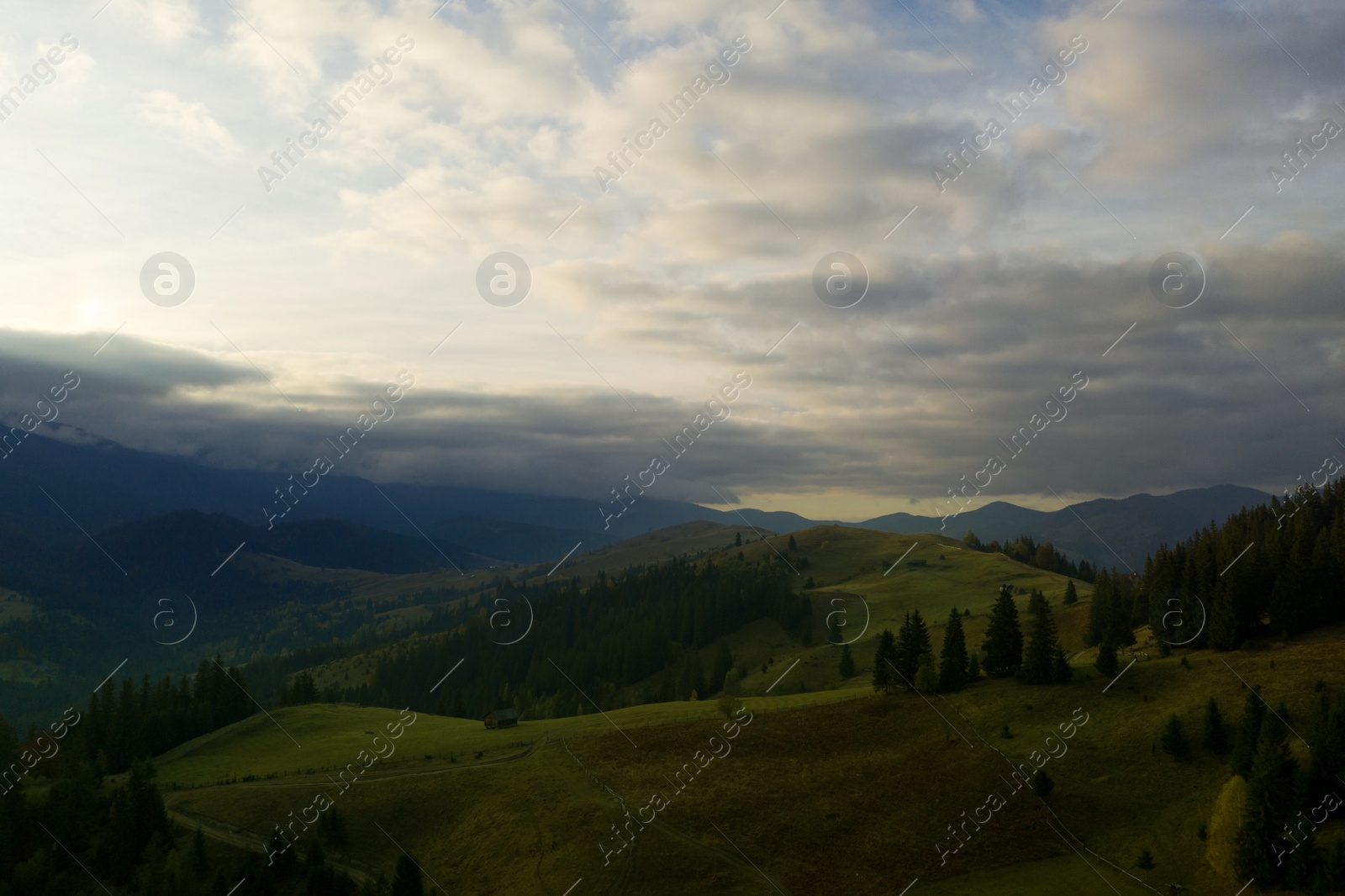 Image of Aerial view of beautiful mountain landscape on cloudy day