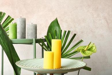 Photo of Creative composition with candles and tropical plants on color background