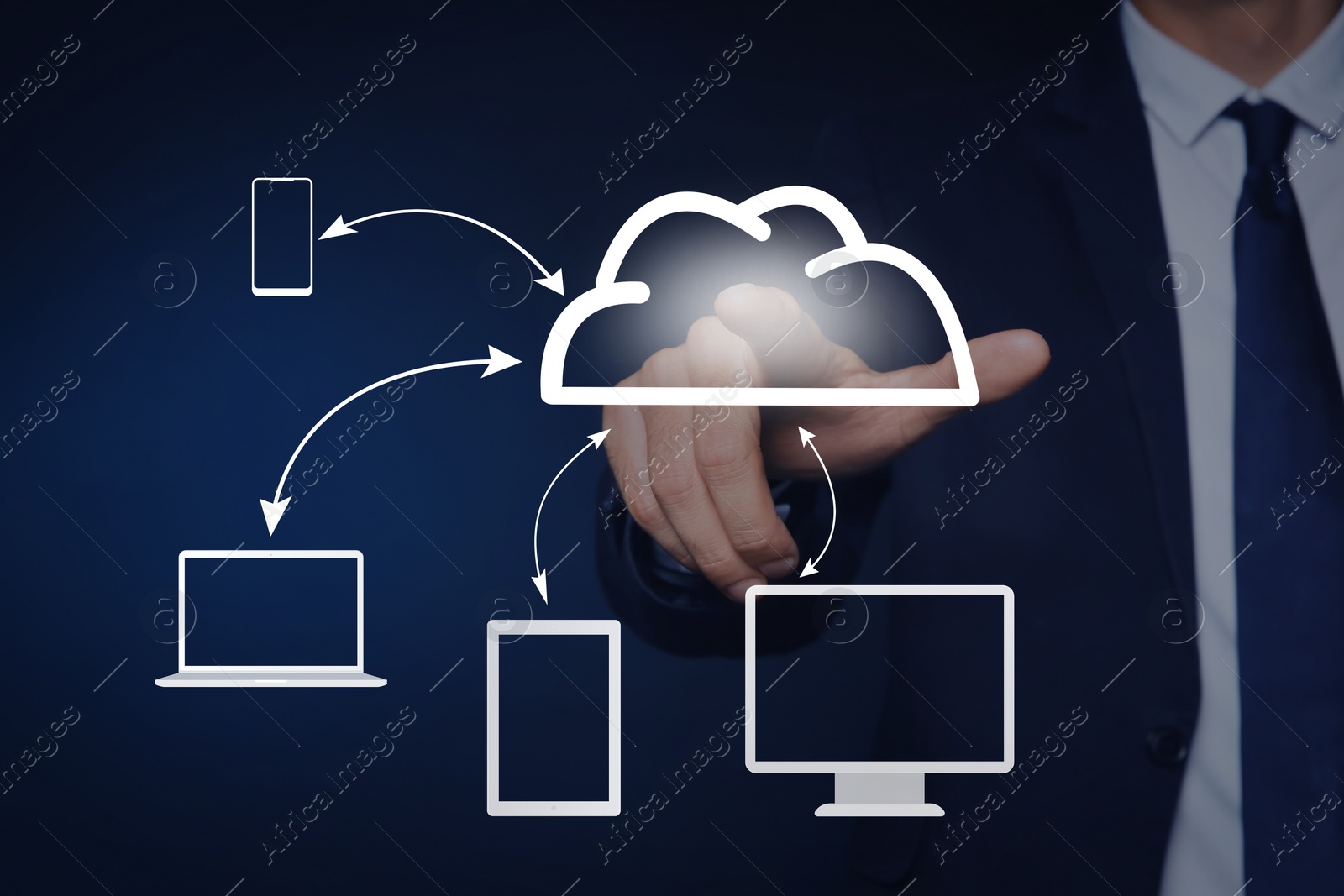 Image of Modern storage technology concept. Man touching icon of cloud on virtual screen