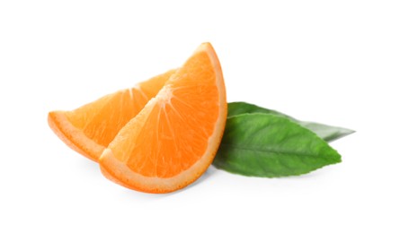 Photo of Slices of fresh ripe orange with green leaves on white background