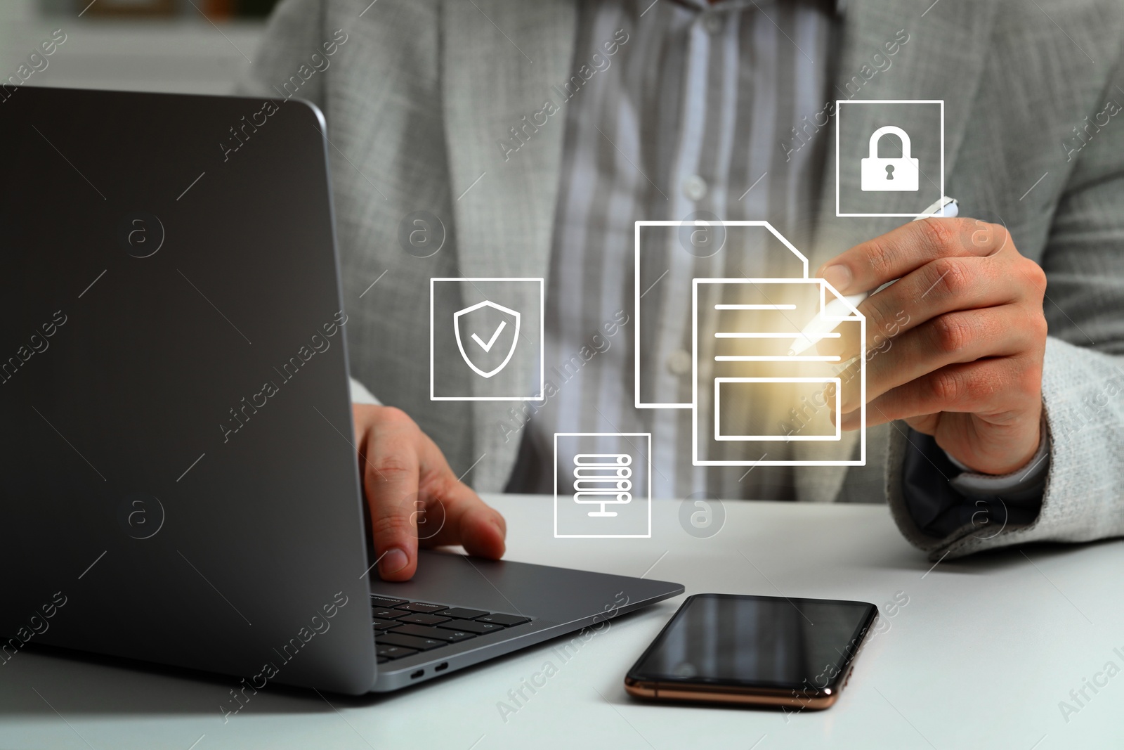 Image of File system. Man with laptop at table, closeup. User organizing folders and documents on virtual screen