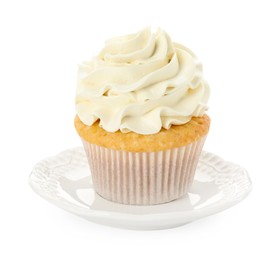 Photo of Tasty vanilla cupcake with cream isolated on white