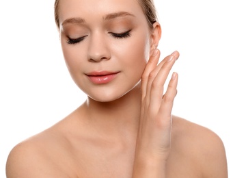 Portrait of young woman with beautiful face on white background, closeup