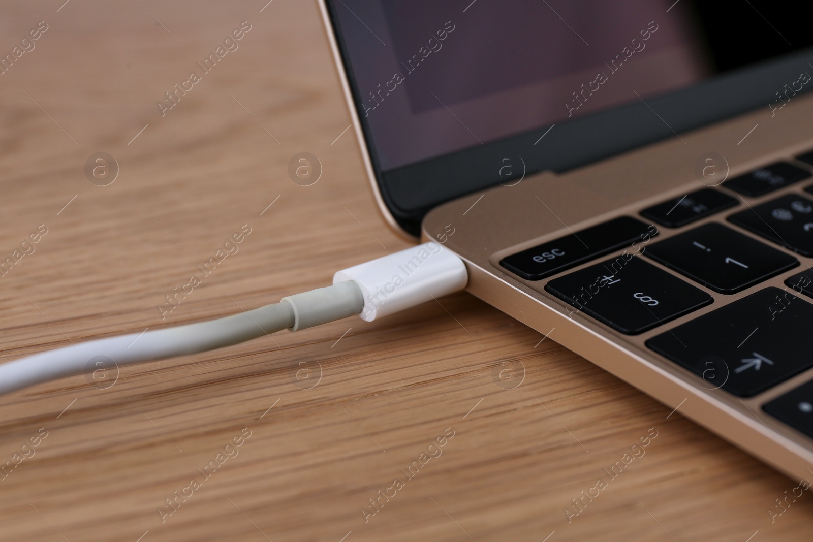 Photo of Modern laptop and charging cable on wooden table, closeup