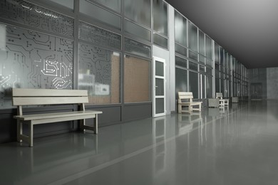 Photo of Modern empty office corridor with glass wall and benches