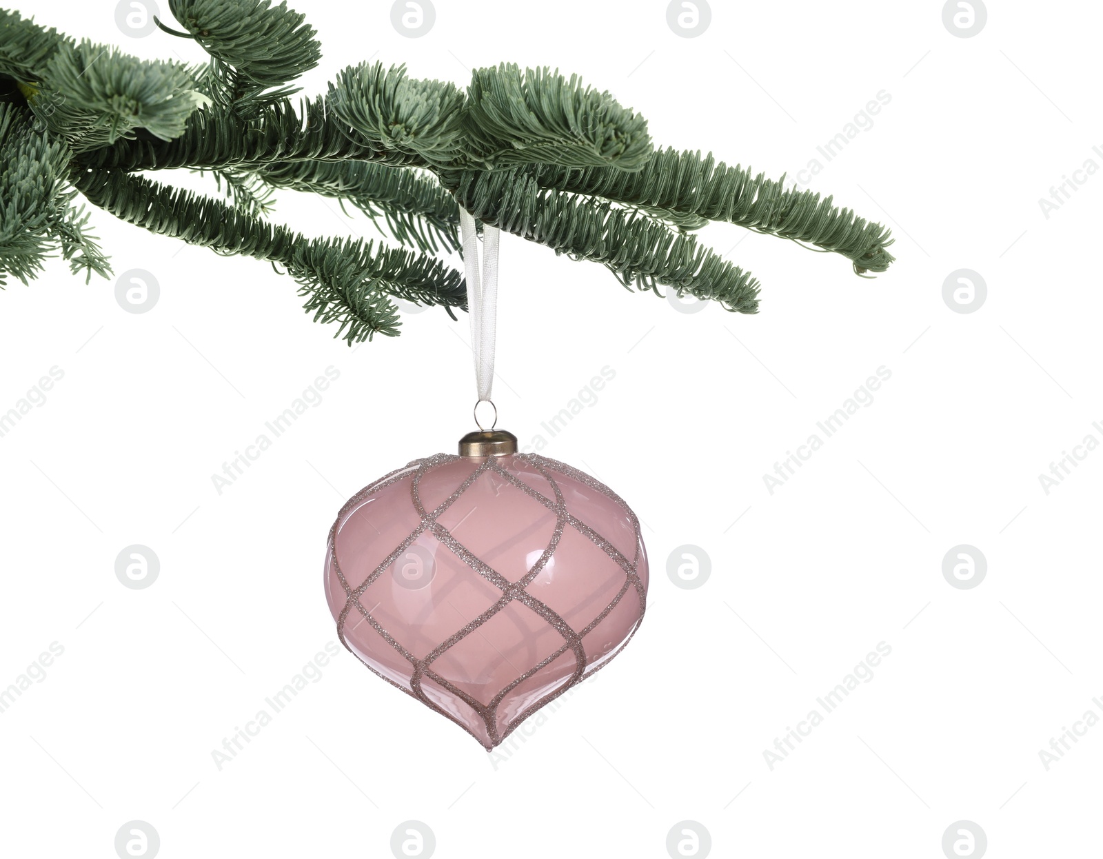 Photo of Fir tree branch with Christmas bauble on white background