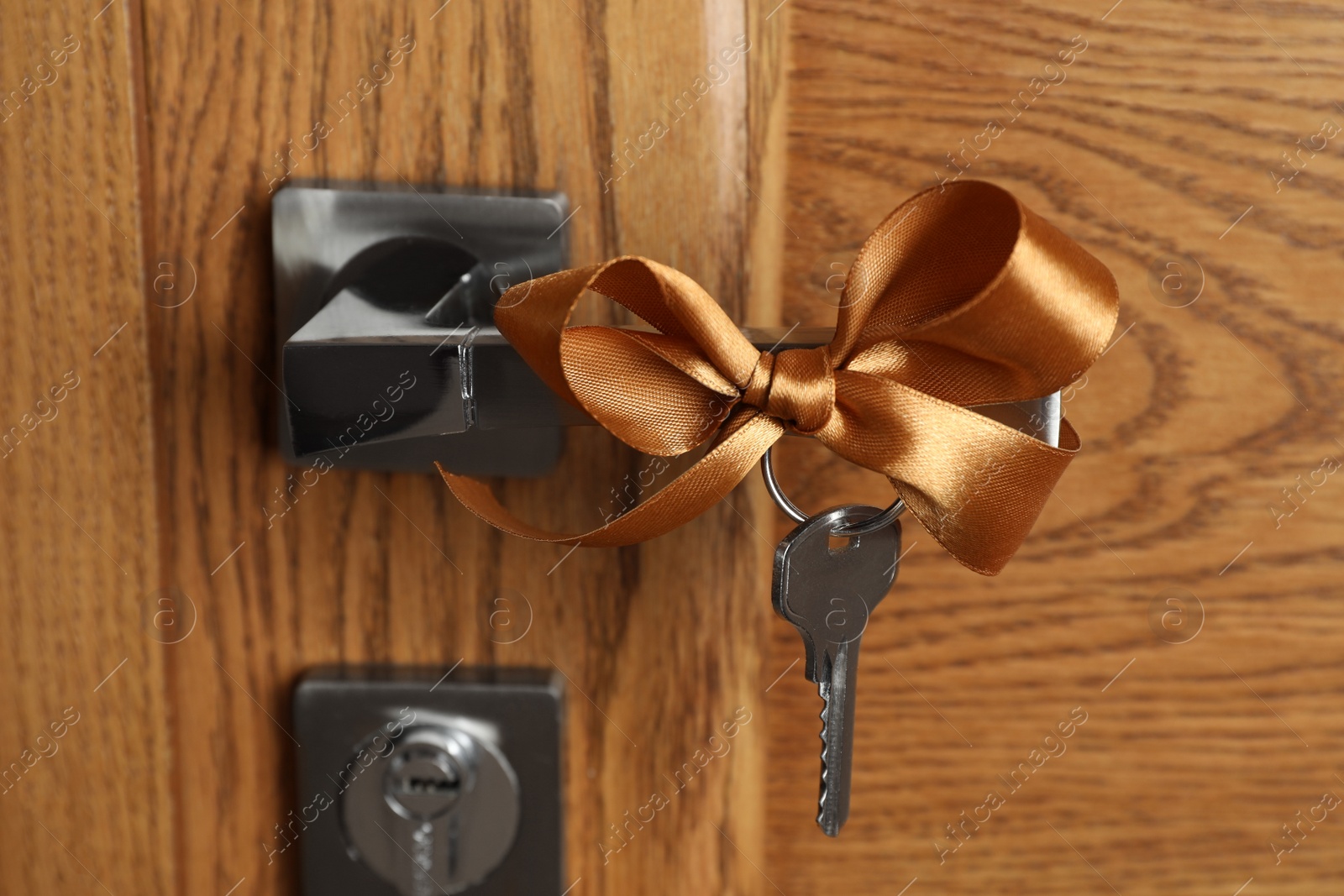 Photo of Key with bow on door handle, closeup view. Housewarming party