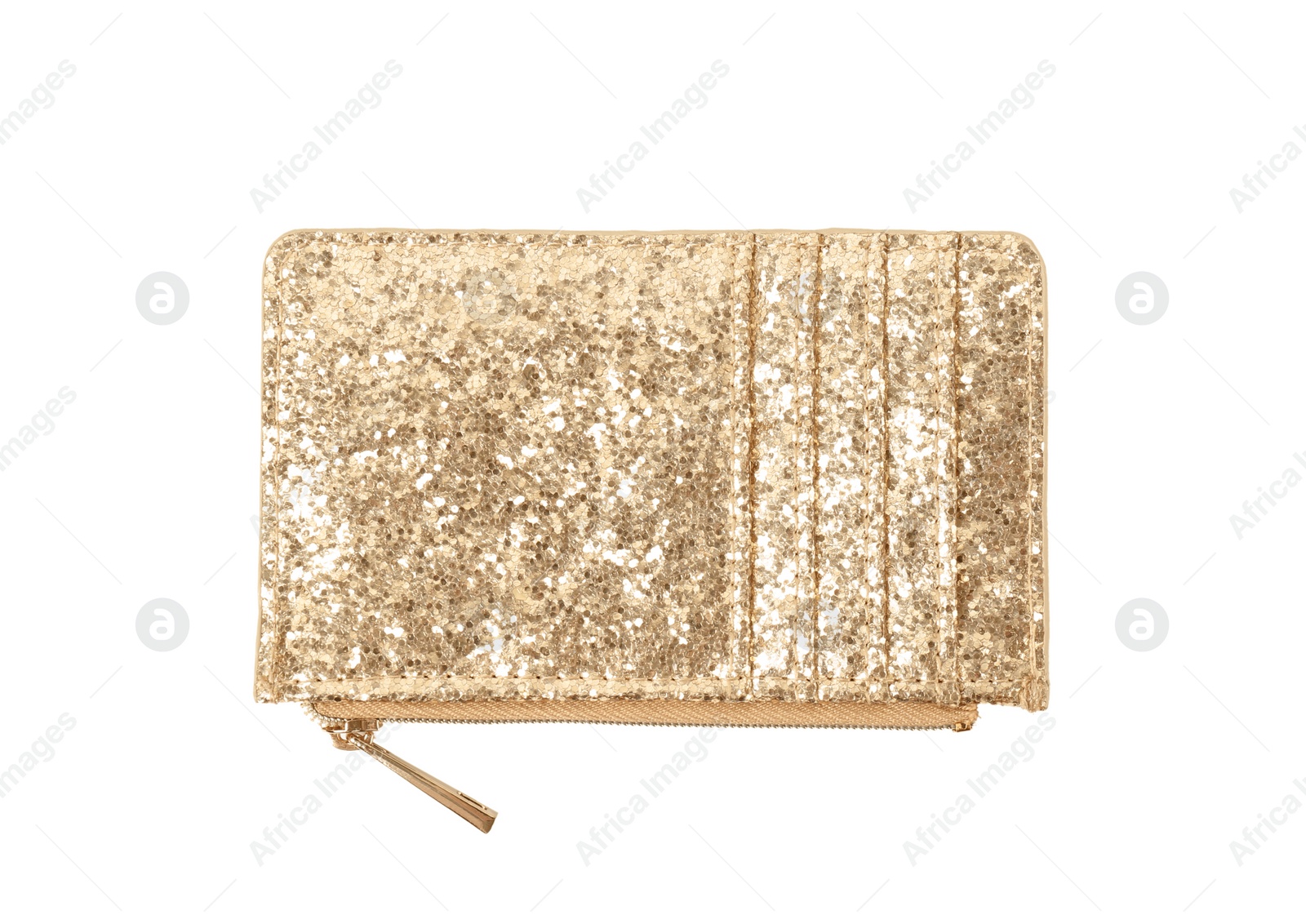 Photo of Stylish gold wallet with sequins on white background, top view