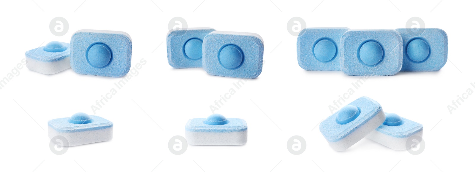 Image of Set with water softener tablets on white background. Banner design