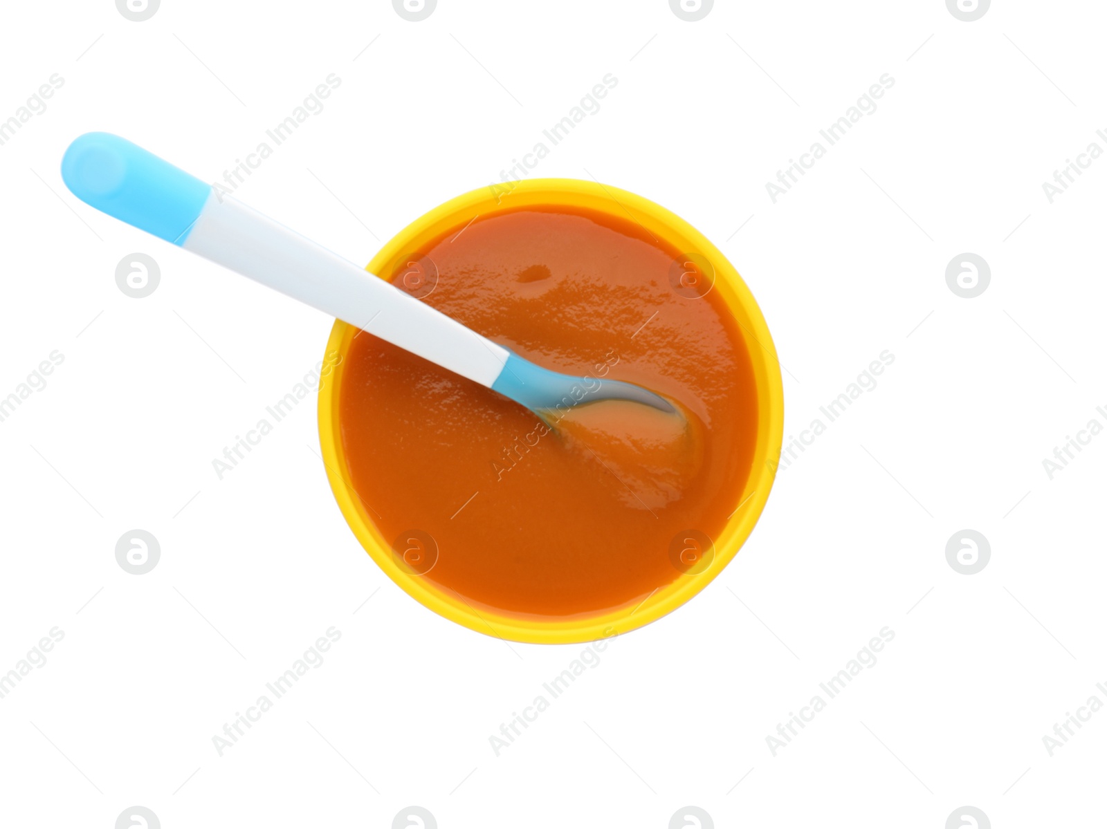 Photo of Healthy baby food in bowl on white background, top view