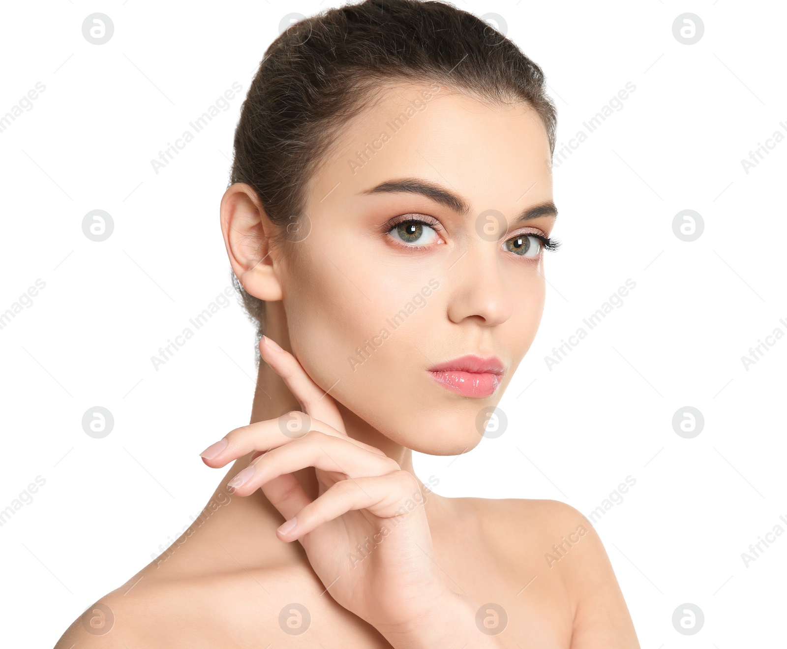 Photo of Young woman with beautiful makeup on white background. Professional cosmetic products