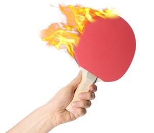 Image of Woman holding racket in fire on white background, closeup