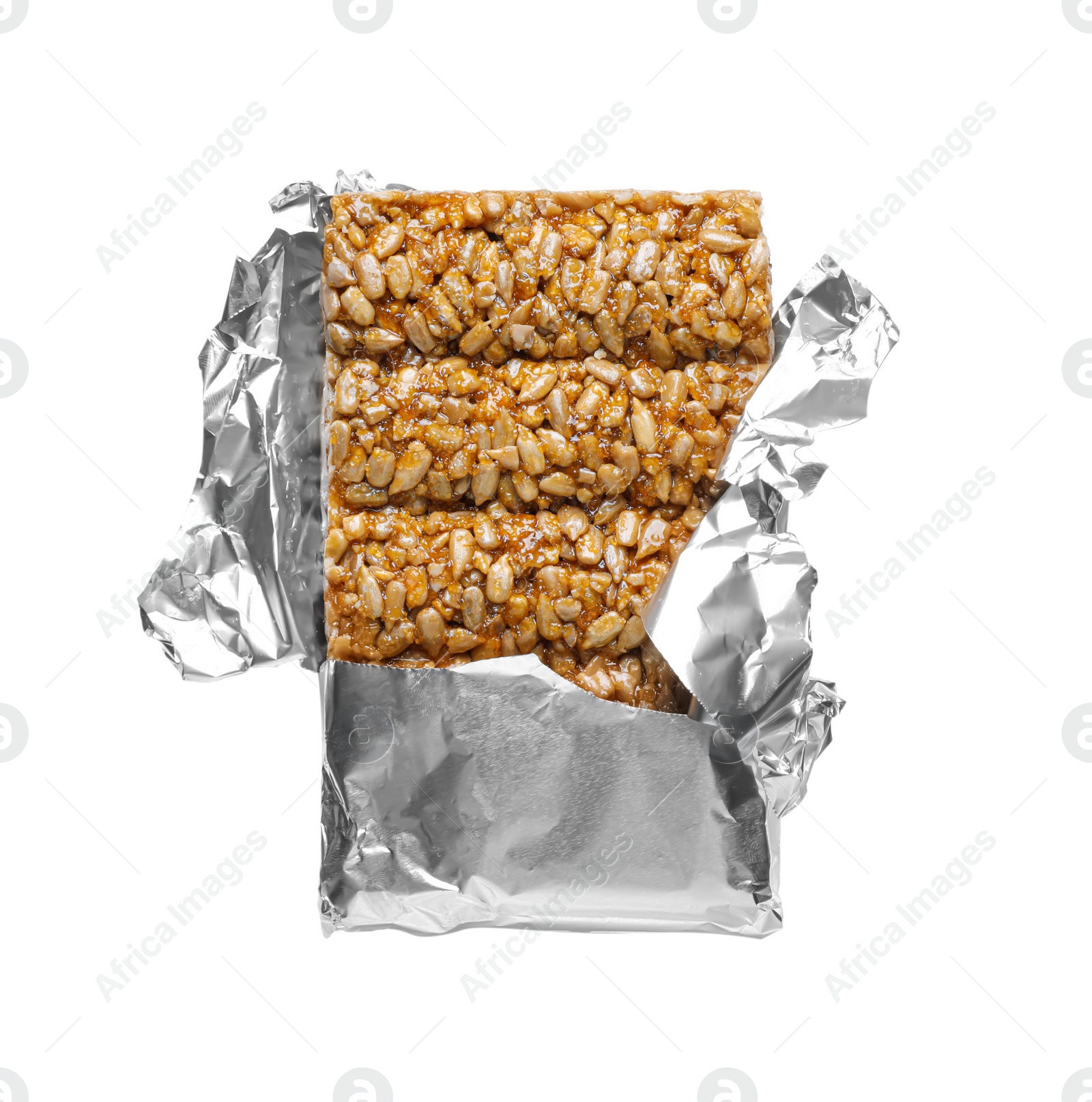 Photo of Unwrapped delicious kozinaki bar isolated on white, top view