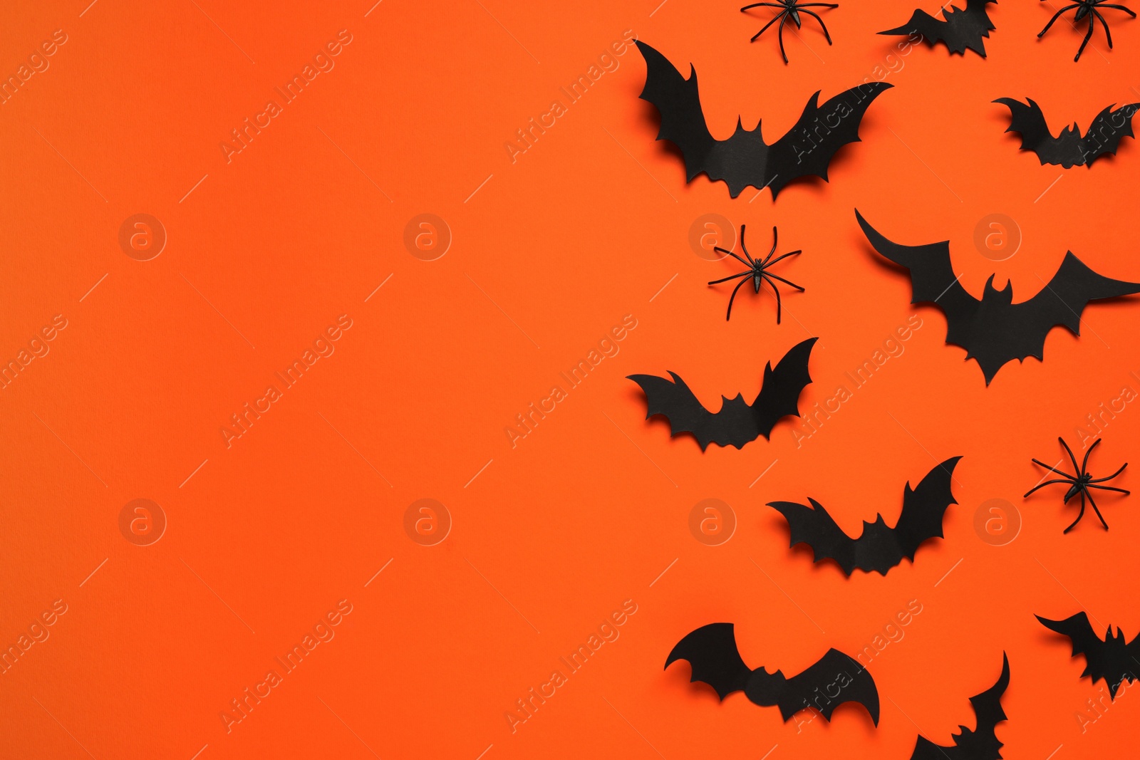 Photo of Flat lay composition with paper bats and spiders on orange background, space for text. Halloween celebration