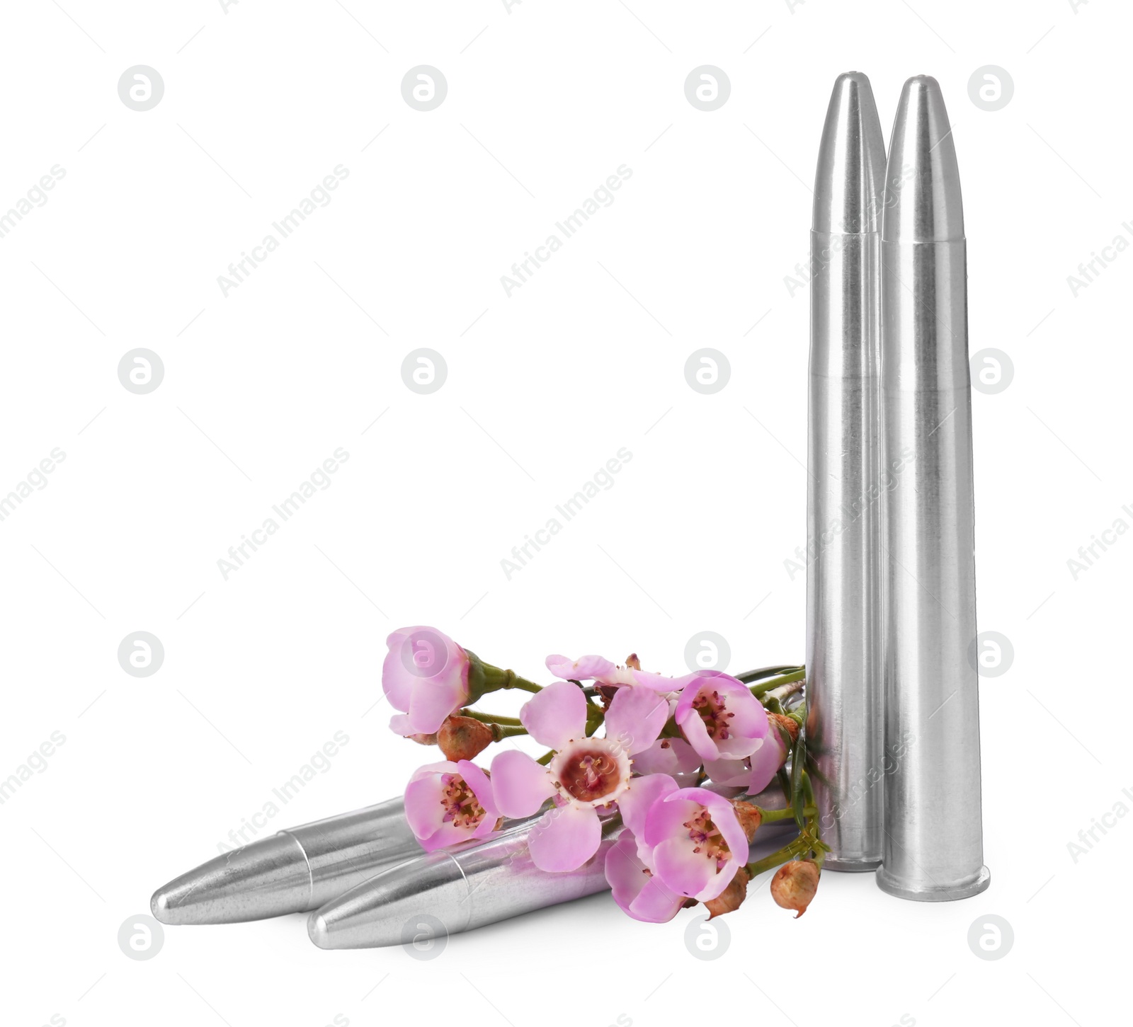 Photo of Metal bullets and beautiful flowers isolated on white