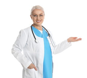 Photo of Portrait of mature doctor on white background