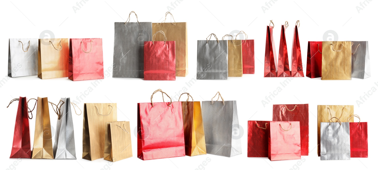 Image of Set of paper shopping bags on white background. Banner design