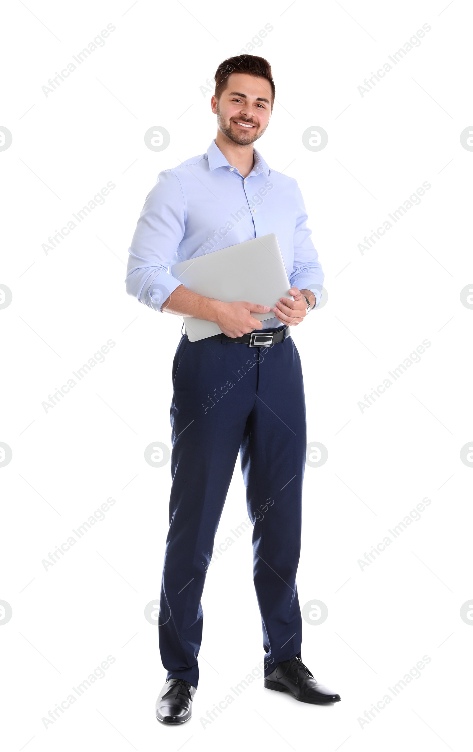 Photo of Young man with laptop on white background