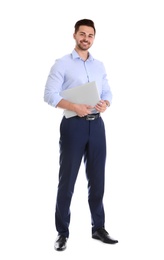 Photo of Young man with laptop on white background