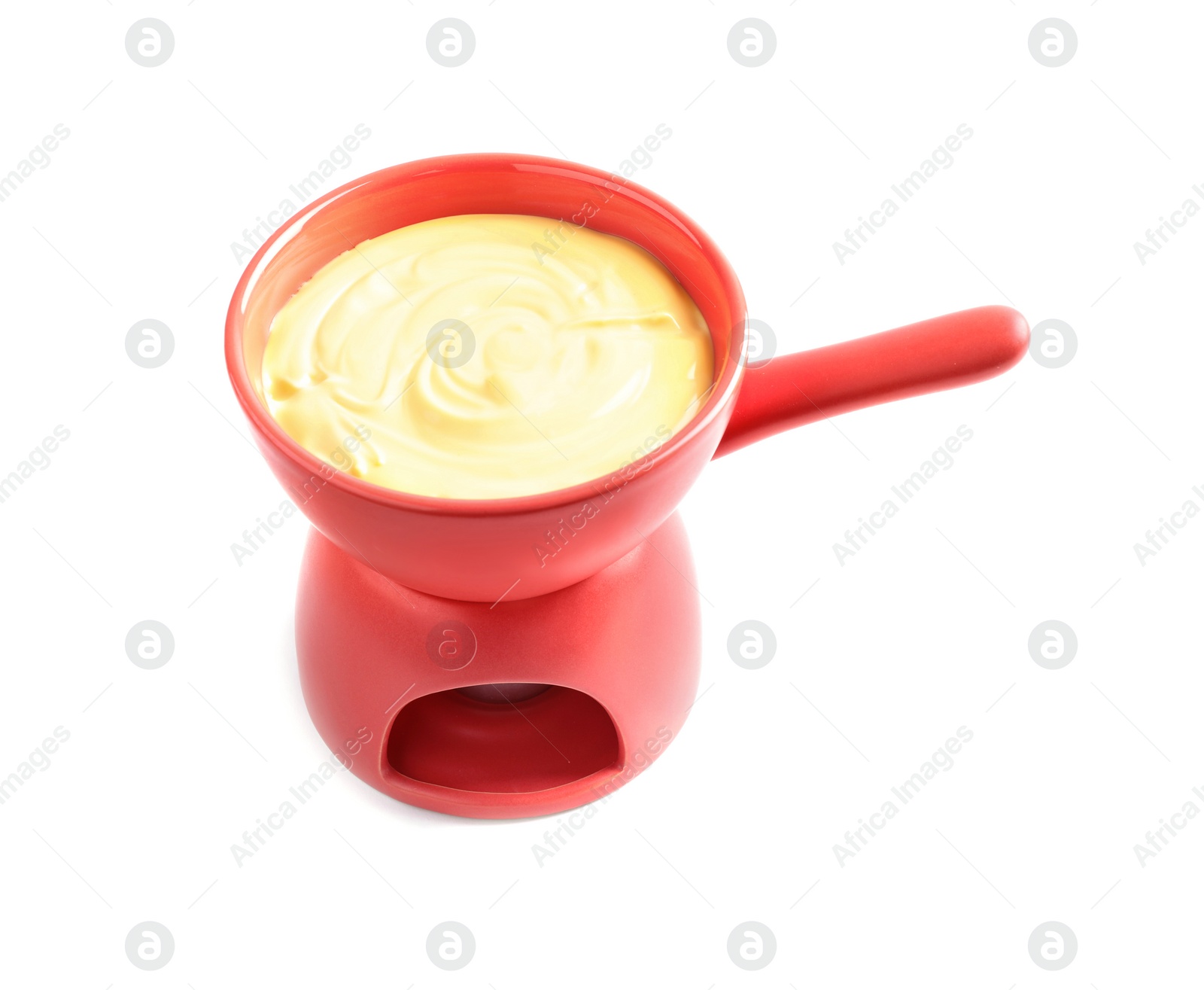 Photo of Pot with delicious cheese fondue on white background