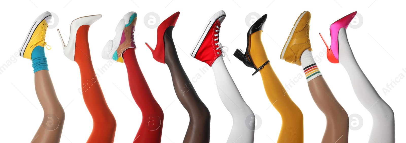 Image of Collage with photos of women showing fashionable collections of stylish shoes, tights and socks on white background, closeup view of legs. Banner design