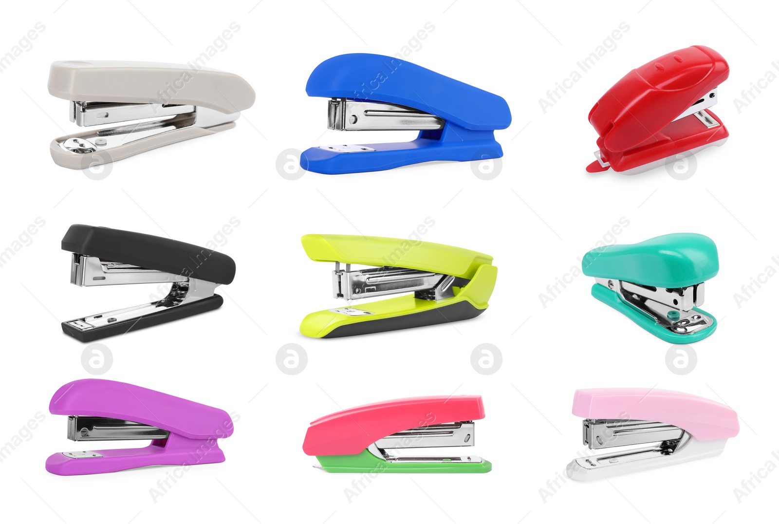 Image of Different colorful staplers isolated on white, collection