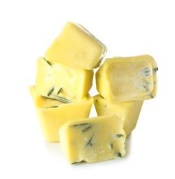 Photo of Rosemary and olive oil ice cubes on white background