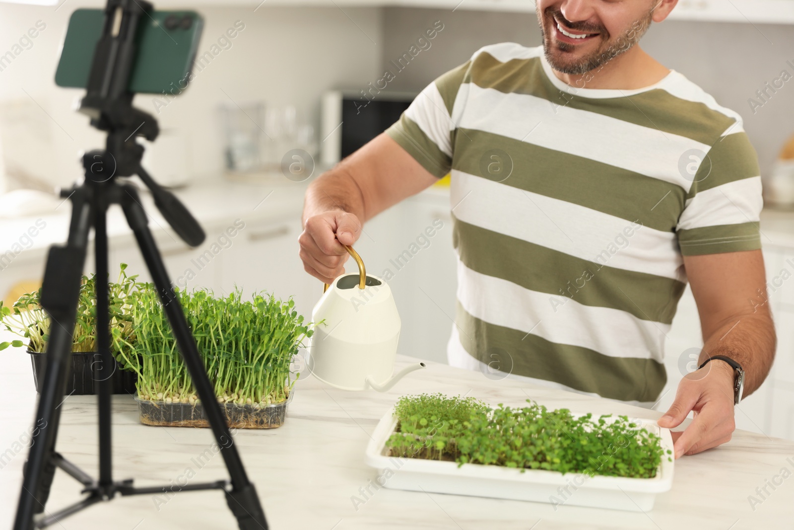 Photo of Teacher with microgreens and watering can conducting online course in kitchen, closeup. Time for hobby