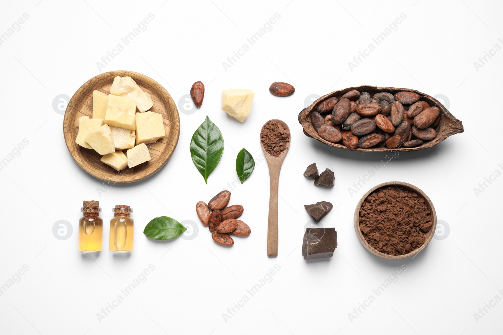 Photo of Composition with organic cocoa butter on white background, top view