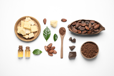 Composition with organic cocoa butter on white background, top view