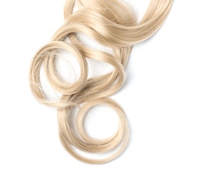 Photo of Curly blond hair on white background, top view. Hairdresser service