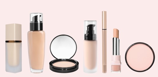 Image of Decorative cosmetics on beige background, collection. Makeup products