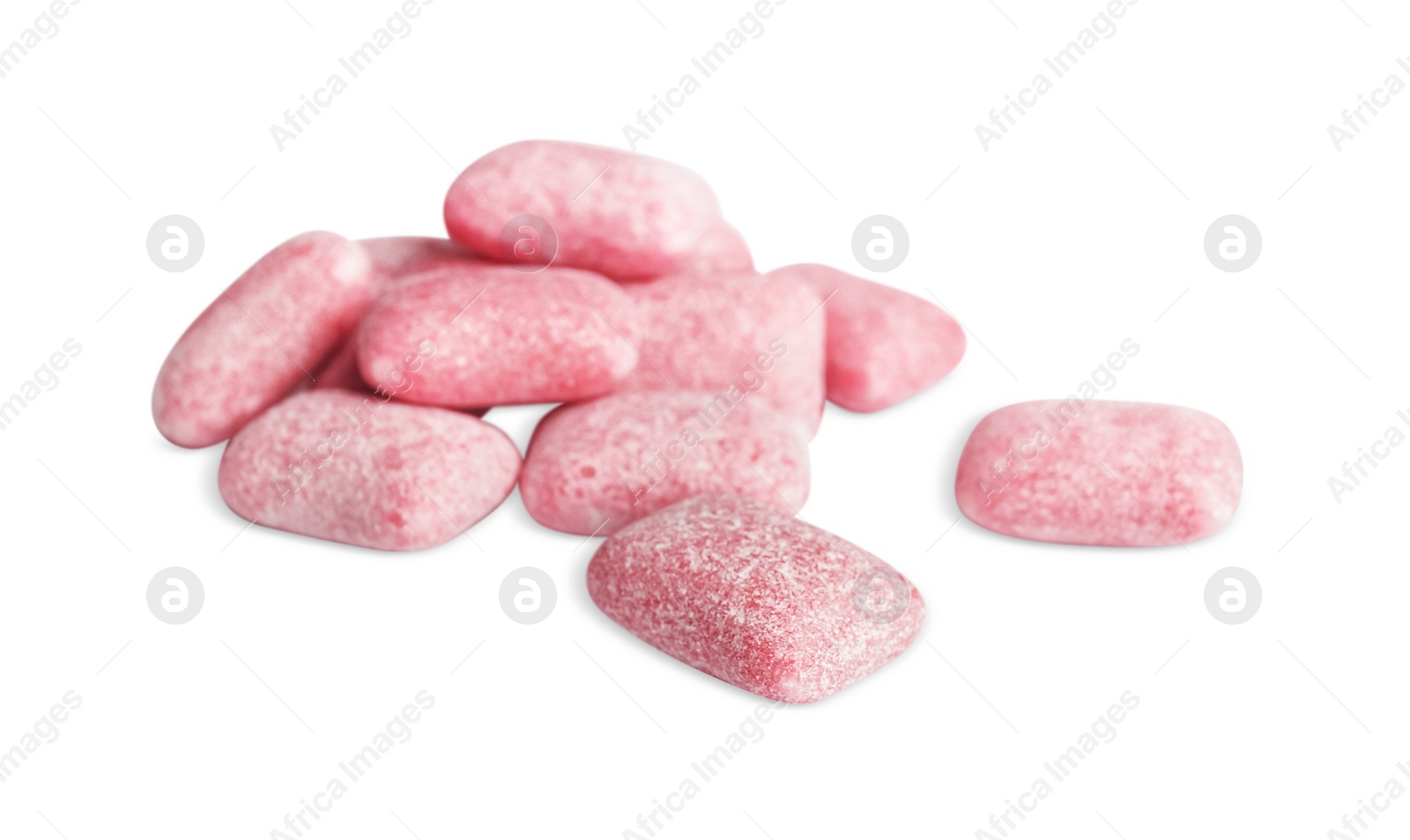 Photo of Heap of tasty sweet chewing gums on white background