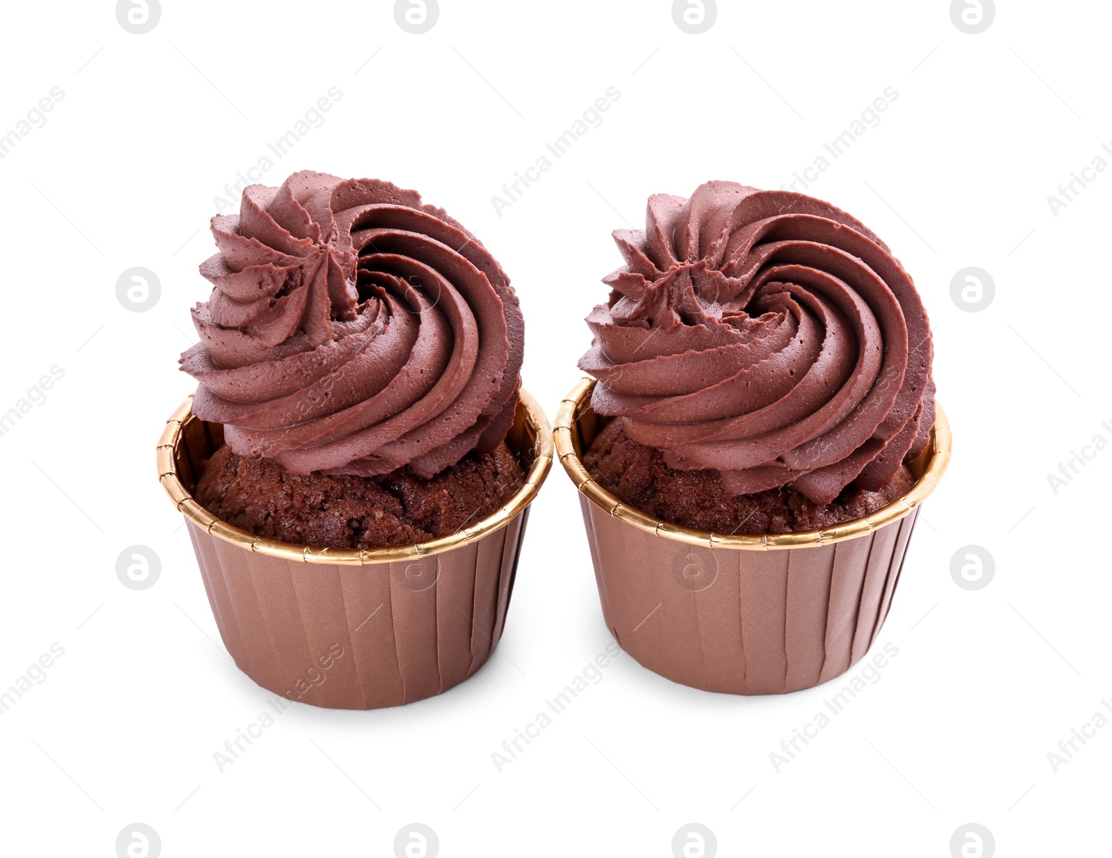 Photo of Two delicious chocolate cupcakes isolated on white