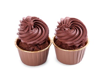 Two delicious chocolate cupcakes isolated on white