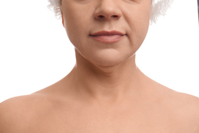 Photo of Mature woman with double chin on white background, closeup