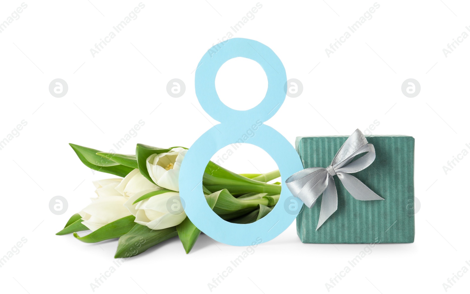 Photo of 8 March card design with tulips and gift on white background. International Women's Day