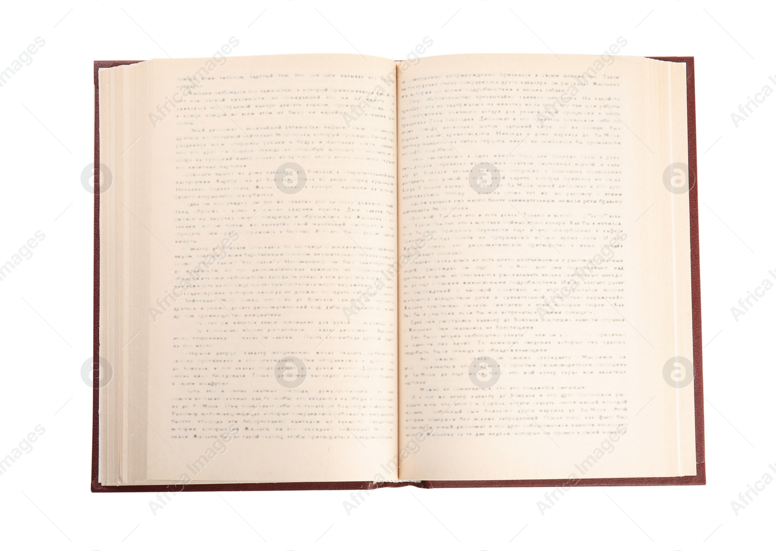 Photo of Open old hardcover book isolated on white, top view