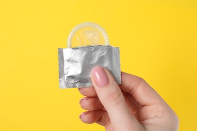 Photo of Woman holding condom on yellow background, closeup