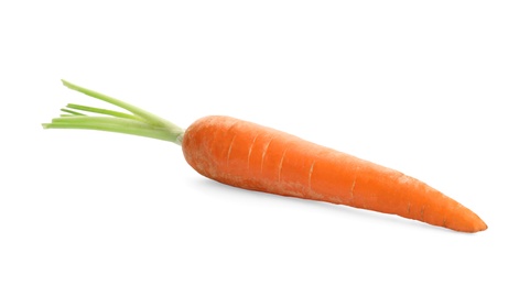 Photo of Fresh ripe carrot on white background. Wholesome vegetable